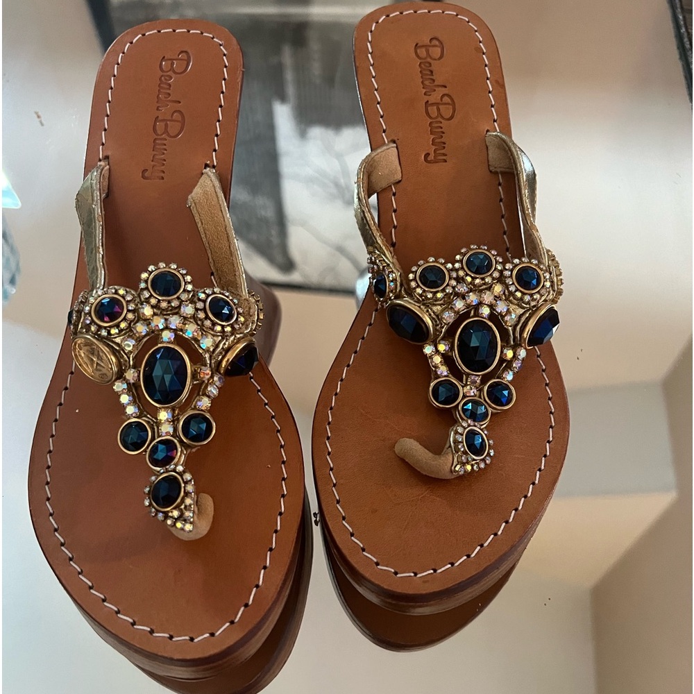 Beach Bunny Bikini Sandals 🩴 blue navy gold rhinestones Brand New Wedge shoes
